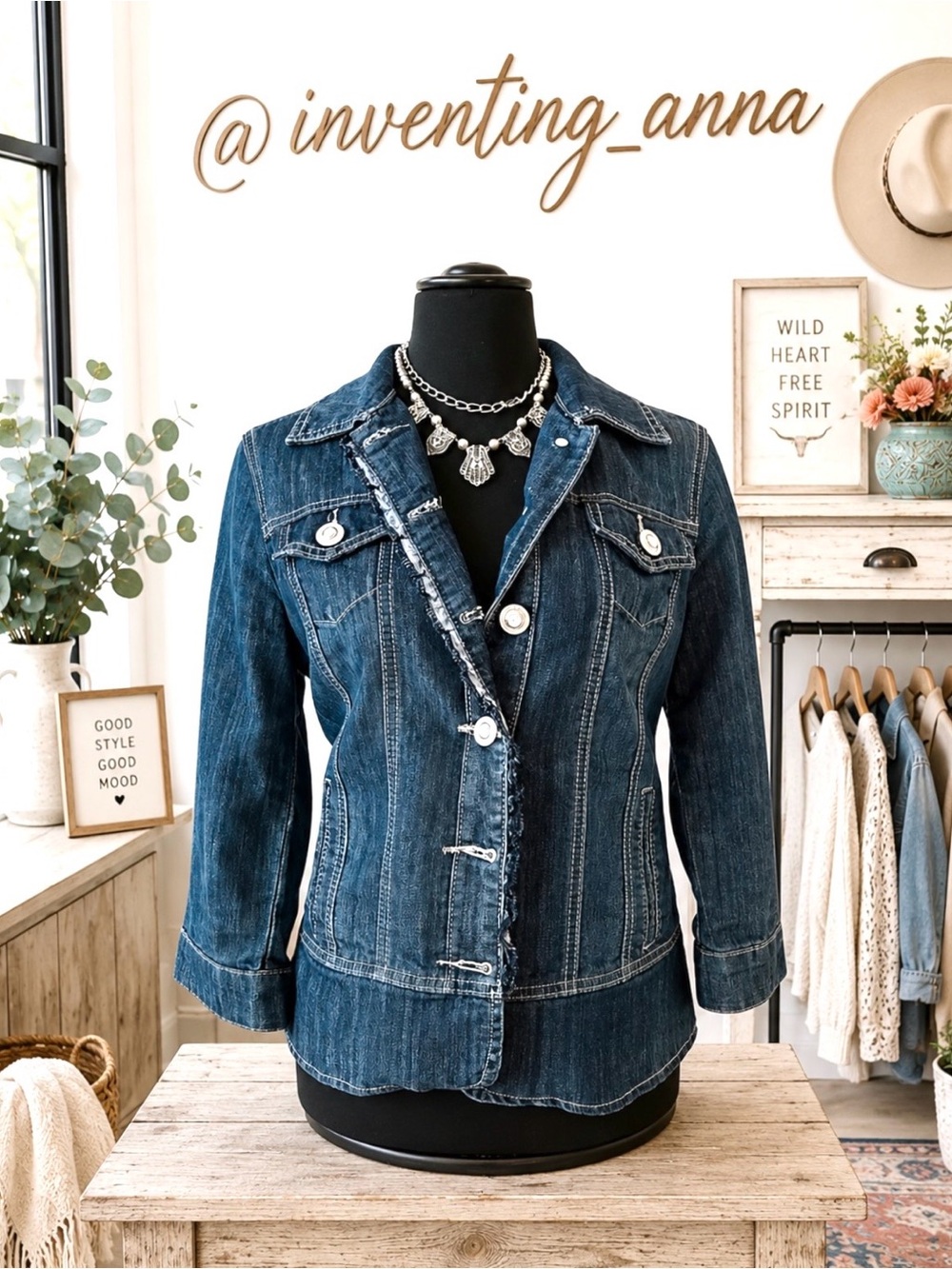 Medium/Dark Wash blue jean jacket w/jeweled buttons, pockets and 3/4 sleeves